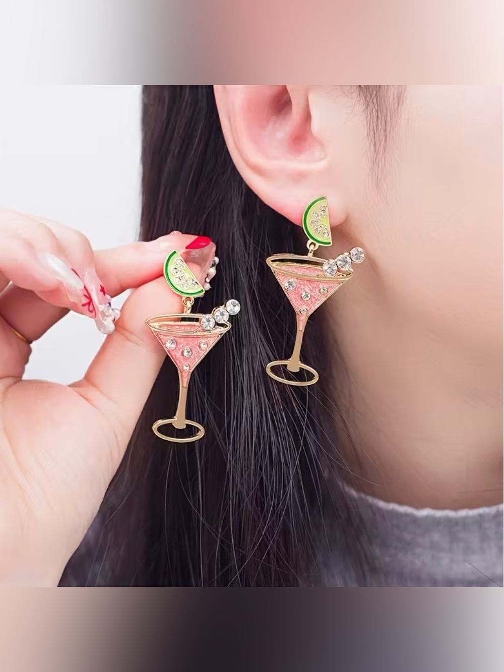 Martini Glass Drop Earrings with Rhinestones Golden Tone New